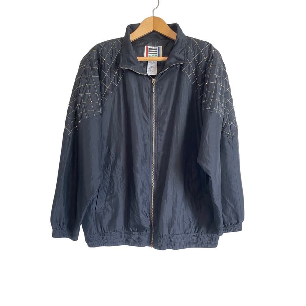 EVR Vintage 100% Silk Black Jacket Zipper Pockets Collar Lightweight XL Sporty